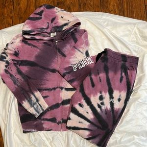 PINK, 2 piece full zip hoodie & joggers, size large, multi-tyedye color